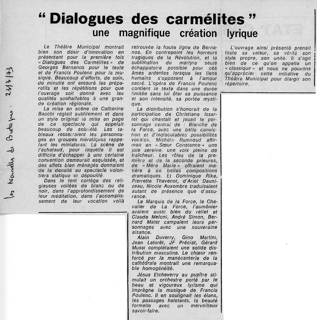 Ariel Daunizeau - Dialogues des Carmélites- Nouvelles de Bretagne 23 mars 1973