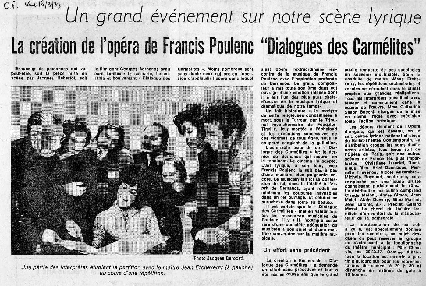 Ariel Daunizeau - Dialogues des Carmélites- Ouest France 16 mars 1973