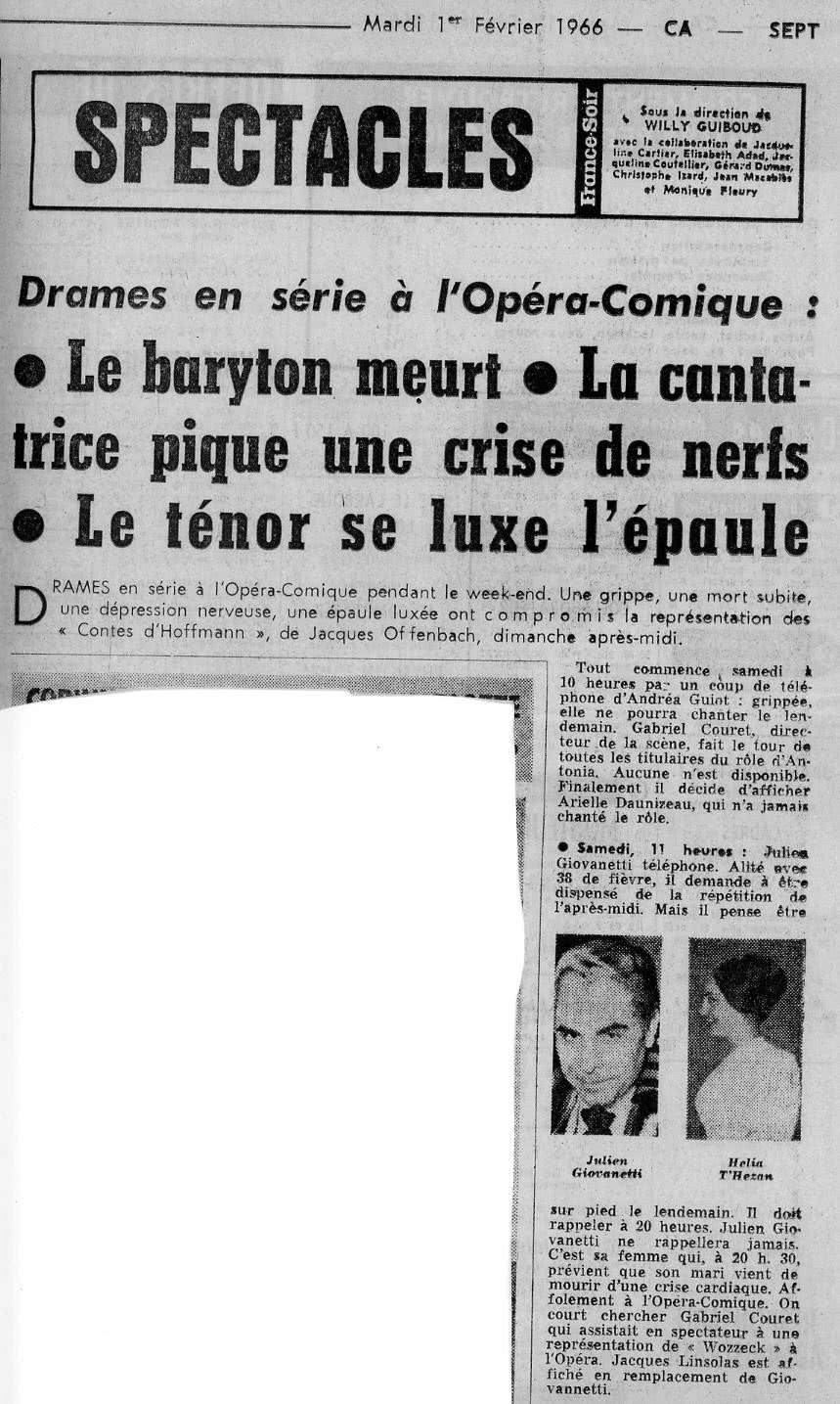 Ariel Daunizeau - Les Contes d'Hoffmann France Soir 1er février 1966