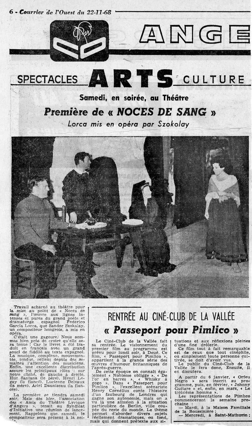 Ariel Daunizeau - Noces de Sang Courrier de l'Ouest 22 novembre 1968